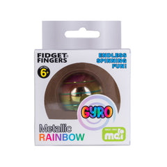 Metallic Rainbow Gyro fidget toy in packaging, designed for endless spinning fun and sensory play for kids 6 and up