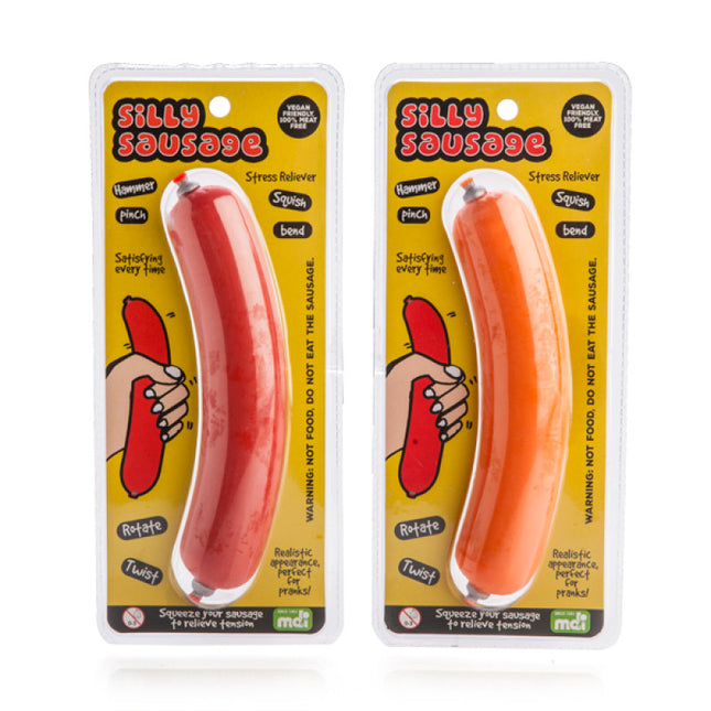 Stress Relief Sausage sensory squishy toy in two packaged colours