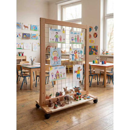 (NEW) Growth-Friendly Mobile Art Rack in classroom with children’s drawings and crafts on wooden floor wheels