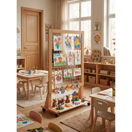 (NEW) Growth-Friendly Mobile Art Rack displaying children's colorful artwork in a bright, organized playroom setting.