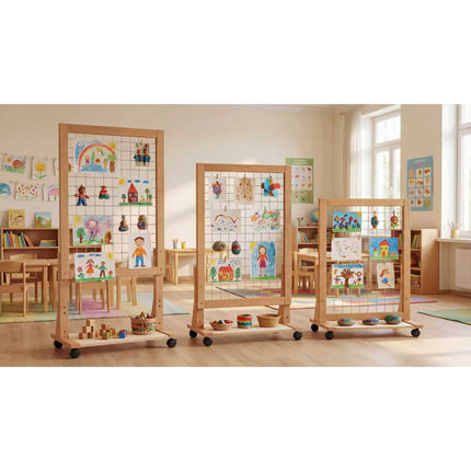 (NEW) Growth-Friendly Mobile Art Rack set in classroom with colorful children's drawings and wooden toys below.
