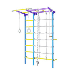 Swedish Giant Wallbars - S7 in blue, yellow, and purple with climbing rope, rings, and ladder for sensory play.