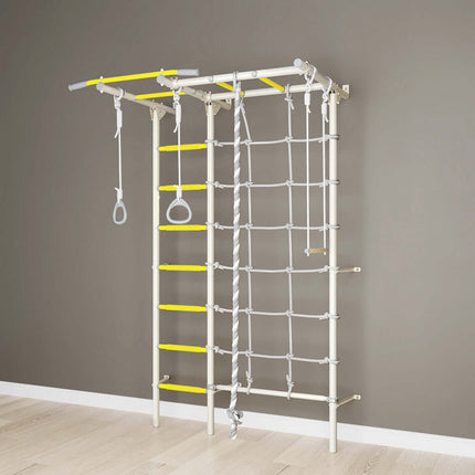 Swedish Giant Wallbars - S7 with yellow rungs, climbing ropes, and gymnastic rings for sensory and fitness activities