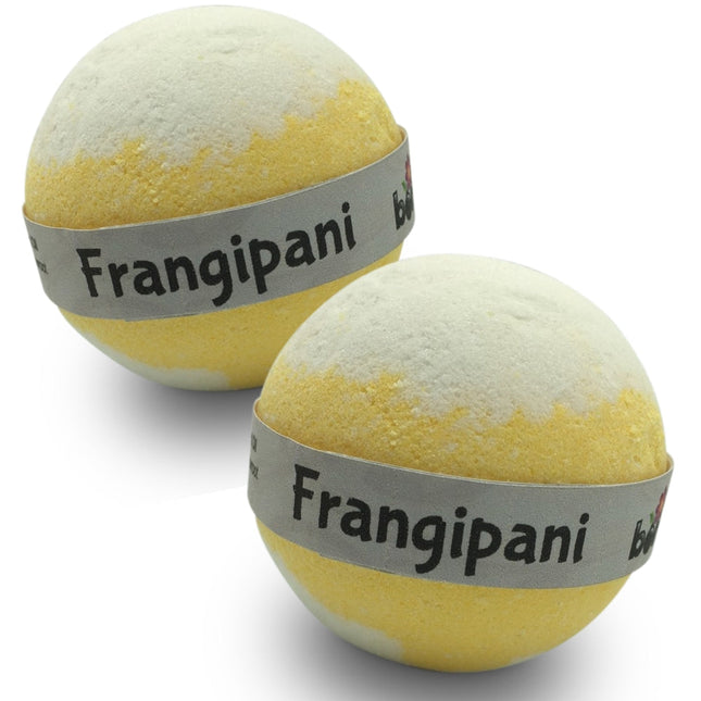 Wild Frangipani Bubble Bath Bomb with soothing yellow and white colors, promoting calm and wellbeing.