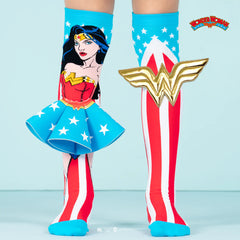 Legs wearing bright Wonder Woman Socks with red, white, and blue colors and star patterns, featuring a character design.