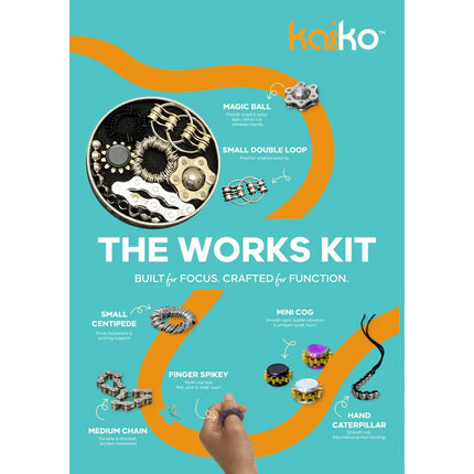 The Works Fidget Kit sensory tools including magic ball, mini cog, finger spikey, and chain on turquoise background