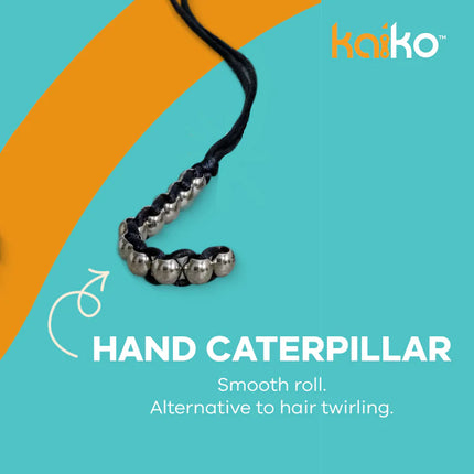 Close-up of a hand caterpillar sensory tool from The Works Fidget Kit with metal beads on black string