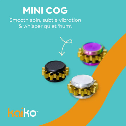 Three small colored mini cog fidget toys with smooth spin and subtle vibration from The Works Fidget Kit