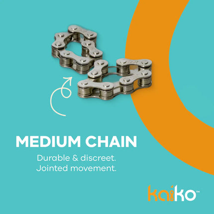Medium-sized metal chain fidget toy emphasizing durability and discreet jointed movement in The Works Fidget Kit.