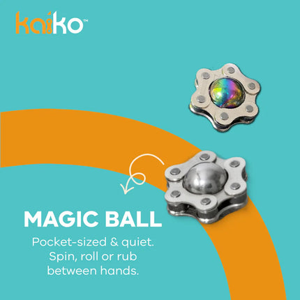 The Works Fidget Kit featuring pocket-sized, quiet magic balls that spin, roll, or rub between hands for sensory play.