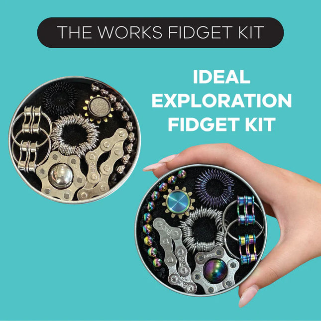 The Works Fidget Kit displayed in a round tin with various metal sensory fidget tools held in a hand.