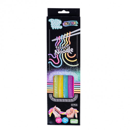 Pullie Pal Stretch Glitter Noodles sensory fidget toy in colourful retail packaging