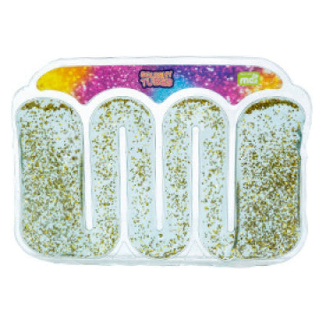 Squishy Tubes sensory fidget filled with gold glitter, designed to calm, connect and support families.
