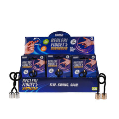 Begleri Fidget Swinger display with multiple units featuring metal weights and black cord for flipping and spinning.