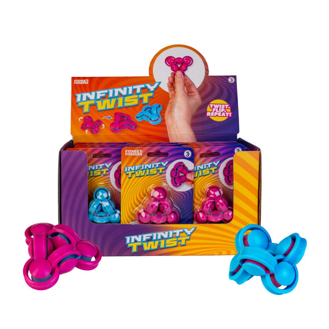 Infinity Twist sensory fidget toy in pink and blue with retail display box
