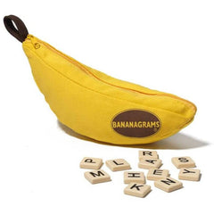 Bright yellow fabric pouch shaped like a banana with letter tiles for the word game Bananagrams.