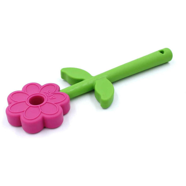 A green stem and pink flower-shaped sensory chew toy called ARK's Flower Wand Chewy for sensory support.