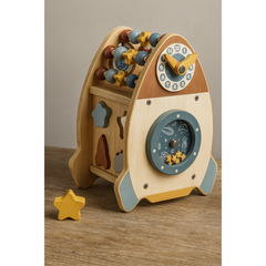 Activity Space Rocket – 6-in-1 Wooden Educational Toy for Toddlers with clock, beads, and shape sorter helping families thrive.