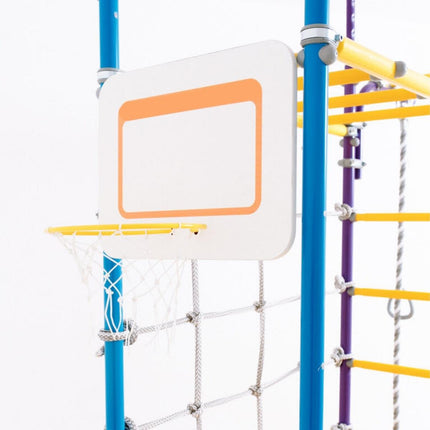 Swedish Home Play gym set - No Drill with colorful climbing bars and a small basketball hoop for active sensory play.