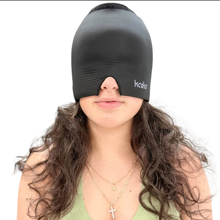 Person wearing the Block Out Cooling Head Mask – a cool ‘hug’ for your head, covering eyes for sensory relief.