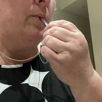 Person using Breath Tool 304 grade Stainless Steel IN WINDOW TIN - Mindful Breathing Unisex Necklace for calming sensory aid