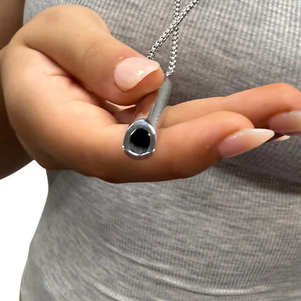 Breath Tool 304 grade Stainless Steel IN WINDOW TIN - Mindful Breathing Unisex Necklace held showing its opening