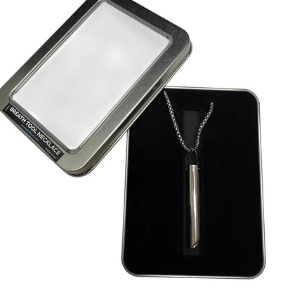 Breath Tool 304 grade Stainless Steel IN WINDOW TIN - Mindful Breathing Unisex Necklace displayed in metal gift tin with chain