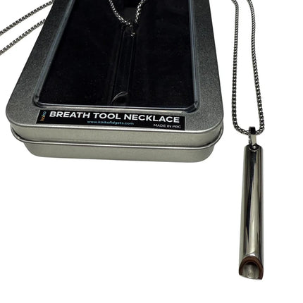 Breath Tool 304 grade Stainless Steel IN WINDOW TIN - Mindful Breathing Unisex Necklace in silver with chain and tin box