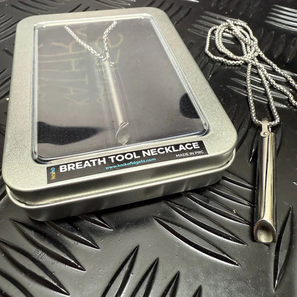 Breath Tool 304 grade Stainless Steel IN WINDOW TIN - Mindful Breathing Unisex Necklace with chain on textured black surface