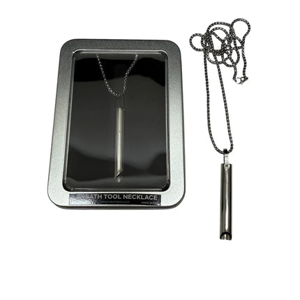 Breath Tool 304 grade Stainless Steel IN WINDOW TIN - Mindful Breathing Unisex Necklace with chain inside packaging and outside