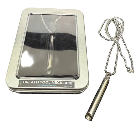 Breath Tool 304 grade Stainless Steel IN WINDOW TIN - Mindful Breathing Unisex Necklace displayed with tin packaging and chain necklace