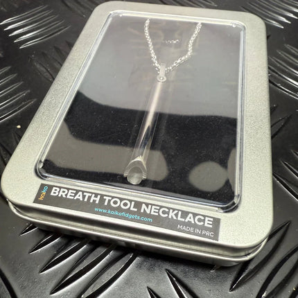 Breath Tool 304 grade Stainless Steel IN WINDOW TIN - Mindful Breathing Unisex Necklace in metal tin on black surface