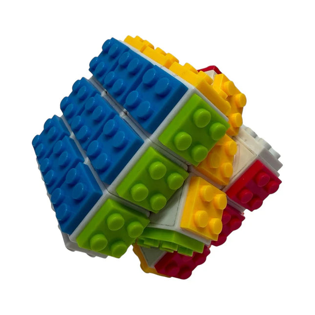 Colorful interlocking plastic pieces forming a three-dimensional puzzle Brick Style Cube toy for sensory play.