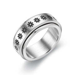Flower Anxiety Fidget Ring silver with engraved flower design, designed to calm and support sensory needs.