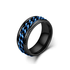 Black circular band with blue textured detailing on a white background