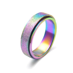 Frosted Rainbow Anxiety Fidget Ring Spinner with textured surface and iridescent rainbow colors, helping families thrive.