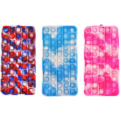 Three Pencil Case Fidget Popper designs in red, blue, and pink swirl patterns, sensory toys to calm and support.