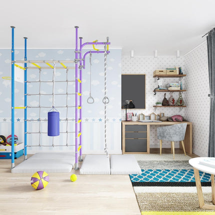 Bright kids room with Swedish Home Play gym set - No Drill featuring climbing frame, punching bag, and swing beside study desk.