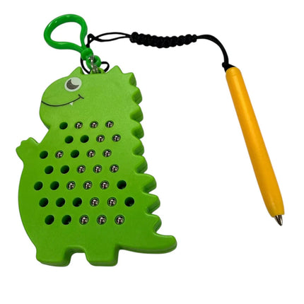 Dinosaur Magnetic Pad Keyring in bright green with embedded silver balls and attached yellow stylus, designed for tactile play and sensory engagement.