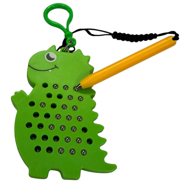 Green dinosaur-shaped magnetic toy with small steel balls, attached to a yellow magnetic stylus and keyring, Dinosaur Magnetic Pad Keyring.