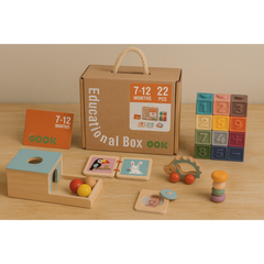 Wooden Montessori Educational Toy Box for Baby 7-12 Months with colorful blocks and sensory wooden toys to support early learning.