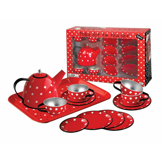 Red Polka Dot Black nTrim Tin Tea Set 15Pcs