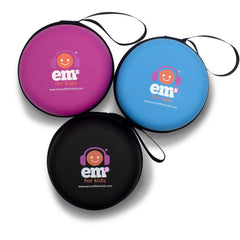 Three colorful Hard Case - Kids Earmuffs carrying cases in black, pink, and blue with branded logos.