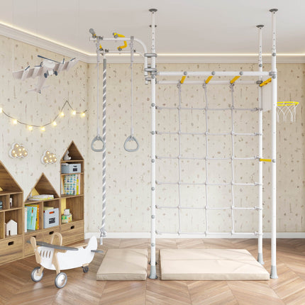 Swedish Home Play gym set - No Drill in a cozy playroom with climbing rope, gym rings, and padded mats.