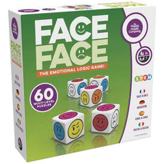 Face To Face emotional logic game box with multicolored dice showing various facial expressions for calming and connection.