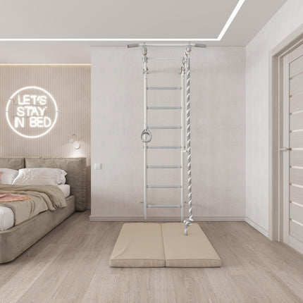 Sensory Swedish Wall Bars mounted in a minimalist bedroom with climbing rope and padded floor mat for safety.