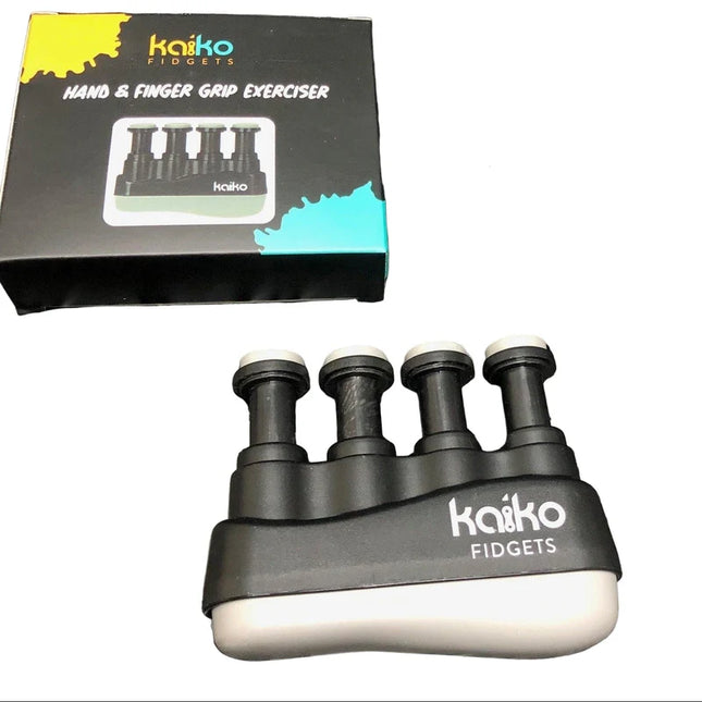 Hand & Finger Grip Exerciser & Fidgeting Sensory Tool in black and white, designed for finger strength and sensory stimulation.