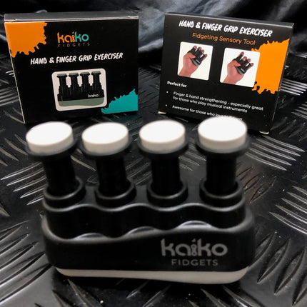 Hand & Finger Grip Exerciser & Fidgeting Sensory Tool in black with white buttons, designed for strengthening fingers and hands, displayed with packaging.