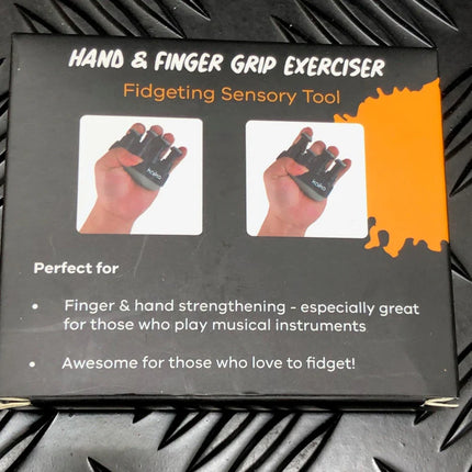 Packaging for Hand & Finger Grip Exerciser & Fidgeting Sensory Tool showing images of hand using the device for finger and hand strengthening and sensory fidgeting.