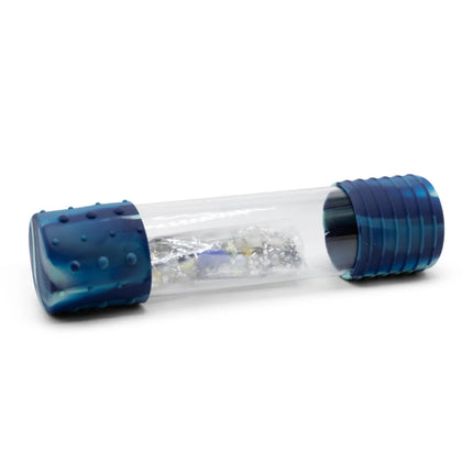 Clear sensory tube with textured blue ends containing calming beads, designed as a DIY Calm Down Bottle.